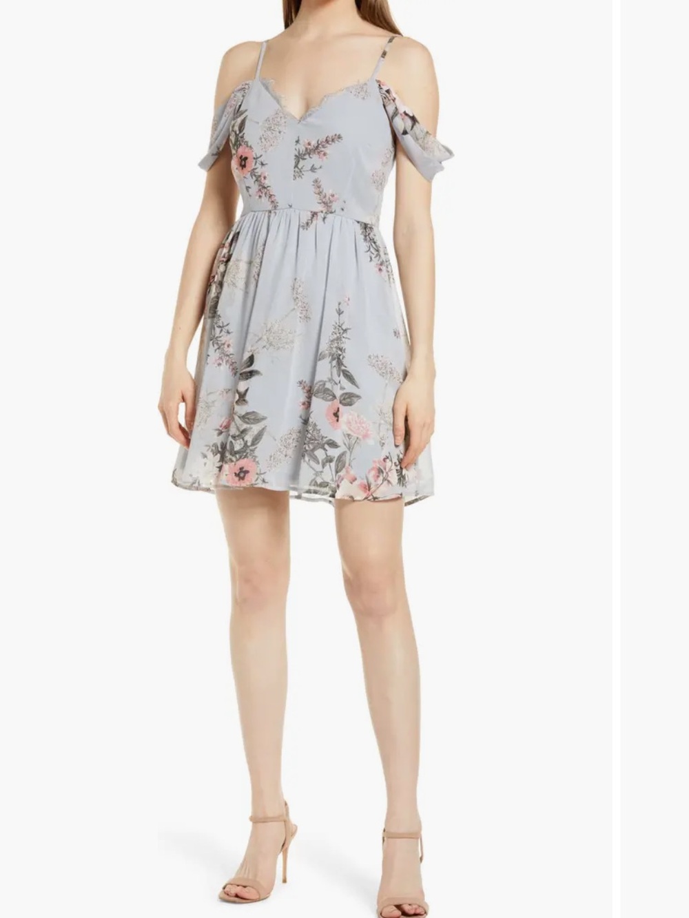 Lulu's Powder Blue Floral Off-Shoulder Fit-and-Flare Dress